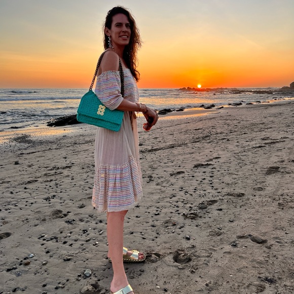 Miguelina Rainbow Stripe Off The Shoulder Ruffle A-Line Dress - Picture 1 of 4